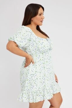 Blue Ditsy Mini Dress Puff Sleeve Frill Hem -You And All Fashion Store cdd1619tp 36a ditsy 4