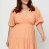 Orange Skater Dress V-neck Short Sleeve Tie