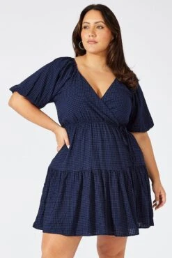 Blue Textured Cotton Wrap Frill Minidress