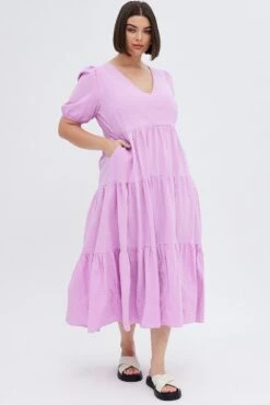 Purple Maxi Dress Tiered Puff Sleeve V-neck -You And All Fashion Store cdd1689 33ab lilac 3