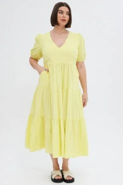 Yellow Maxi Dress Tiered Puff Sleeve V-neck