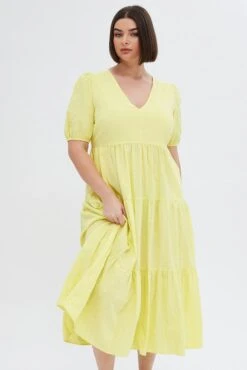 Yellow Maxi Dress Tiered Puff Sleeve V-neck -You And All Fashion Store cdd1689 33ab yellow 3