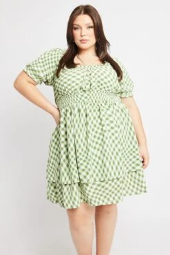 Green Check Shirred Waist Scoop Neck Minidress -You And All Fashion Store cdd1698 34a check 3