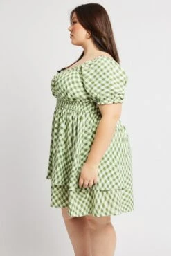 Green Check Shirred Waist Scoop Neck Minidress -You And All Fashion Store cdd1698 34a check 4