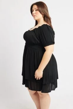 Black Shirred Waist Crinkle Scoop Neck Minidress -You And All Fashion Store cdd1698a 34a black 4