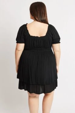 Black Shirred Waist Crinkle Scoop Neck Minidress -You And All Fashion Store cdd1698a 34a black 5