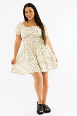 Beige Polka Dot Shirred Waist Linen Blend Minidress -You And All Fashion Store cdd1698a 35a polka dot 3