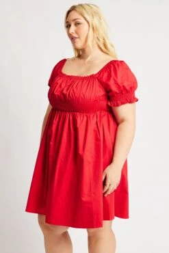 Red Shirred Waist Cotton Poplin Minidress -You And All Fashion Store cdd1701 34ab red 4