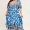 Boho Print Short Bubble Sleeve Boho Print Maxi Dress