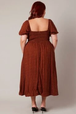 Brown Geo Midi Dress Short Sleeve Ruched Bust -You And All Fashion Store cdd1713d 33rb geo 5