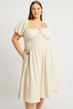 Beige Midi Dress Short Sleeve Ruched -You And All Fashion Store cdd1713g 33rb natural 3