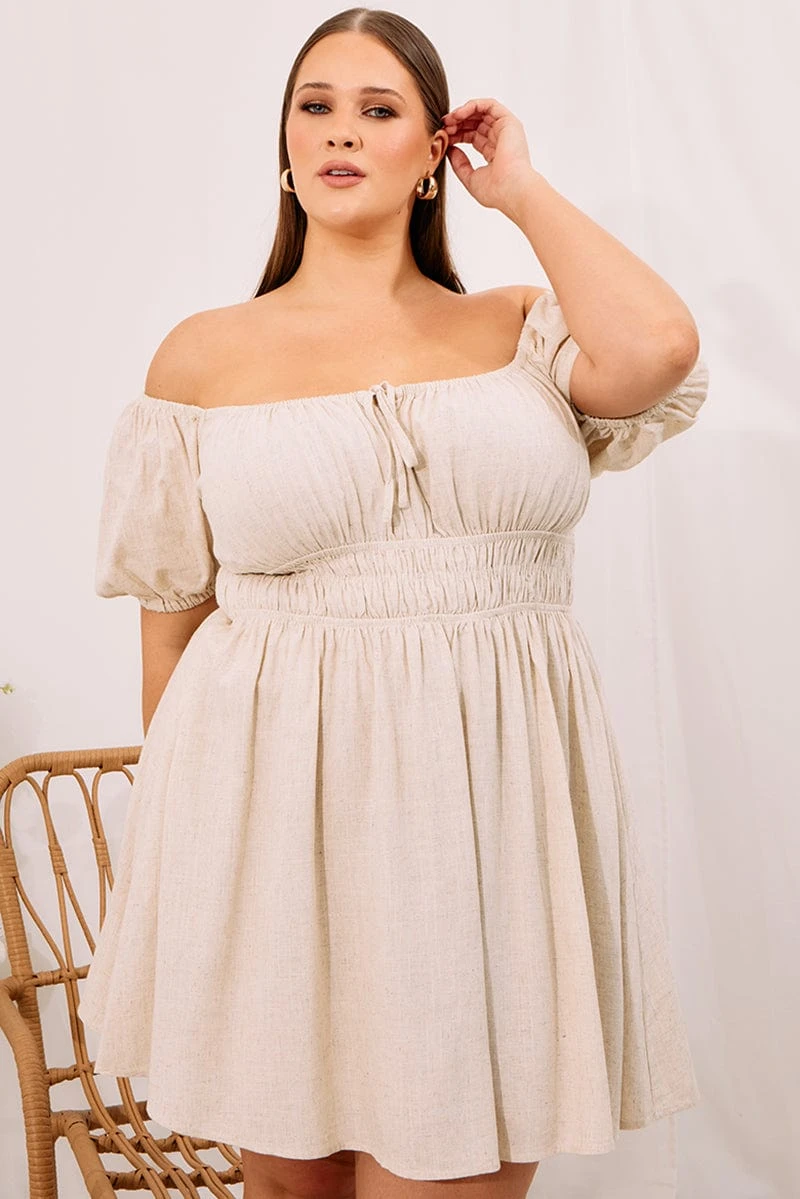 Beige Tie Front Scoop Neck Mini Dress 1 Beige Tie Front Scoop Neck Mini Dress