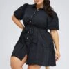 Black Shirtdress Textured Cotton Check Puff Sleeve