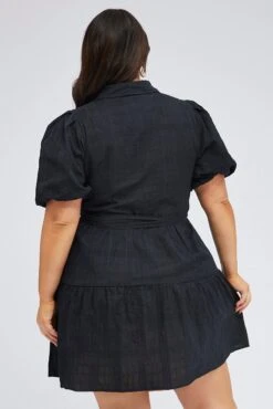 Black Shirtdress Textured Cotton Check Puff Sleeve -You And All Fashion Store cdd17321p 36ab black 5