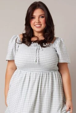 Green Check Maxi Dress Short Sleeve Shirred -You And All Fashion Store cdd1742g 34rb check 3