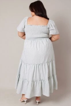 Green Check Maxi Dress Short Sleeve Shirred -You And All Fashion Store cdd1742g 34rb check 6