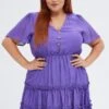 Purple Fit And Flare Dress Short Sleeve V-neck