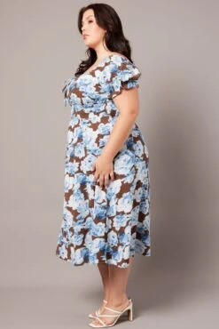 Brown Floral Midi Dress Short Sleeve Ruched Bust -You And All Fashion Store cdd1774f 33r floral 4