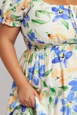 White Floral Midi Dress Short Sleeve Ruched Bust -You And All Fashion Store cdd1774f 33rb floral 6