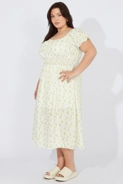 White Ditsy Midi Dress Short Sleeve Ruched Bust -You And All Fashion Store cdd1774g 33rb ditsy 4