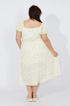 White Ditsy Midi Dress Short Sleeve Ruched Bust -You And All Fashion Store cdd1774g 33rb ditsy 5