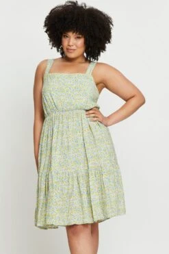 Floral Print Skater Dress Square Neck Sleeveless Tie