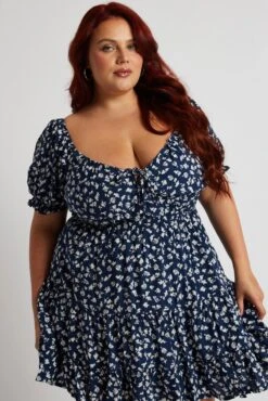 Blue Ditsy Fit And Flare Dress Short Sleeve Tiered Lace Up -You And All Fashion Store cdd1864a 35rb ditsy 3