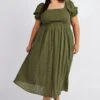 Green Midi Dress Short Sleeve Shirred