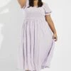 Purple Midi Dress Short Sleeve Shirred