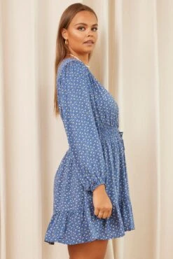 Ditsy Print Skater Dress V-neck Long Sleeve -You And All Fashion Store cdd2002 33ab ditsy prt 4