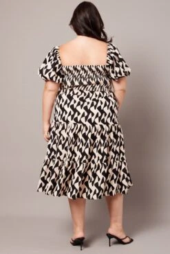 Black Abstract Midi Dress Short Sleeve Shirred -You And All Fashion Store cdd2019a 47r abstract 5