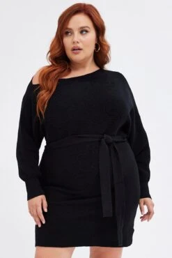 Black Knit Dress Off Shoulder Tie Waist -You And All Fashion Store cdd2026a 40a black 3