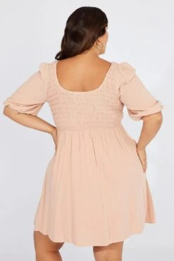 Beige Shirred Bodice Scoop Neck Minidress Linen Blend -You And All Fashion Store cdd2055b 34ab sand 5