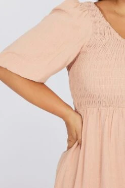 Beige Shirred Bodice Scoop Neck Minidress Linen Blend -You And All Fashion Store cdd2055b 34ab sand 6