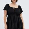 Black Skater Dress Tie Linen Blend Flare Sleeve Mini