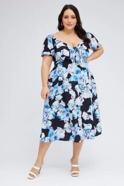 Black Floral Midi Dress Tie Front Puff Sleeve -You And All Fashion Store cdd2065a 34ab floral 3