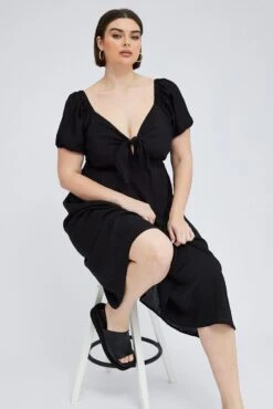 Black Midi Dress Tie Front Puff Sleeve