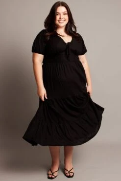 Black Midi Dress Short Sleeve Linen Blend -You And All Fashion Store cdd2158 10r black 3