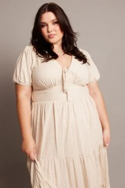 Beige Midi Dress Short Sleeve Linen Blend -You And All Fashion Store cdd2158 10r natural 3