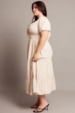 Beige Midi Dress Short Sleeve Linen Blend -You And All Fashion Store cdd2158 10r natural 4