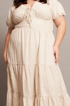 Beige Midi Dress Short Sleeve Linen Blend -You And All Fashion Store cdd2158 10r natural 6