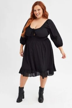 Black Skater Dress Puff Sleeve Shirred Waist Cotton -You And All Fashion Store cdd2217 34ab black 3