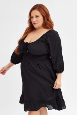 Black Skater Dress Puff Sleeve Shirred Waist Cotton -You And All Fashion Store cdd2217 34ab black 4