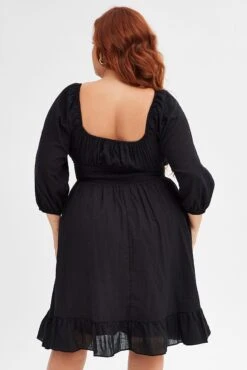 Black Skater Dress Puff Sleeve Shirred Waist Cotton -You And All Fashion Store cdd2217 34ab black 5