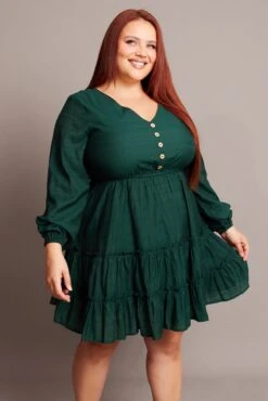 Green Button Through Long Sleeve Dress -You And All Fashion Store cdd2236pa 34a emerald 3