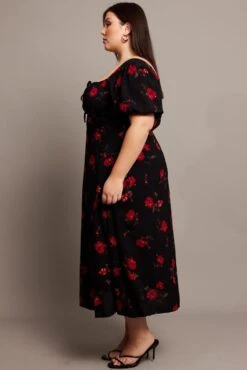 Black Ditsy Midi Dress Short Sleeve Ruched Bust -You And All Fashion Store cdd2244ae 35rb ditsy 4