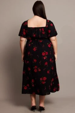 Black Ditsy Midi Dress Short Sleeve Ruched Bust -You And All Fashion Store cdd2244ae 35rb ditsy 5