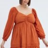 Rust Mini Dress Textured Cotton Blend Long Sleeve