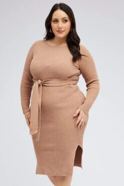 Camel Knit Dress Long Sleeve Midi Round Neck Tie Front -You And All Fashion Store cdd2267 40rb camel 3