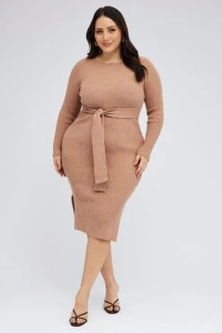 Camel Knit Dress Long Sleeve Midi Round Neck Tie Front -You And All Fashion Store cdd2267 40rb camel 4